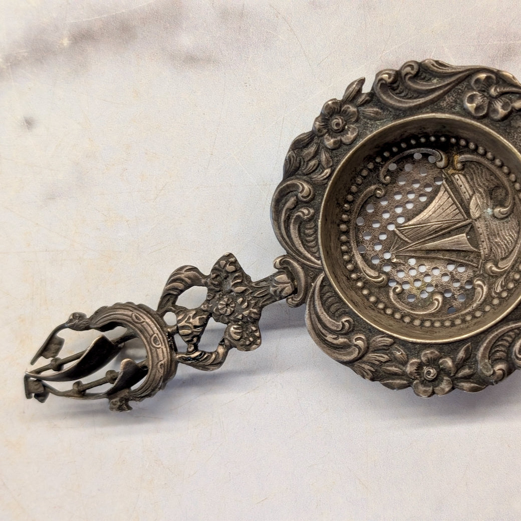 Fancy Vintage Silver Plate Tea Strainer with Maritime Images