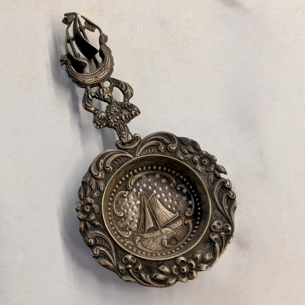 Fancy Vintage Silver Plate Tea Strainer with Maritime Images