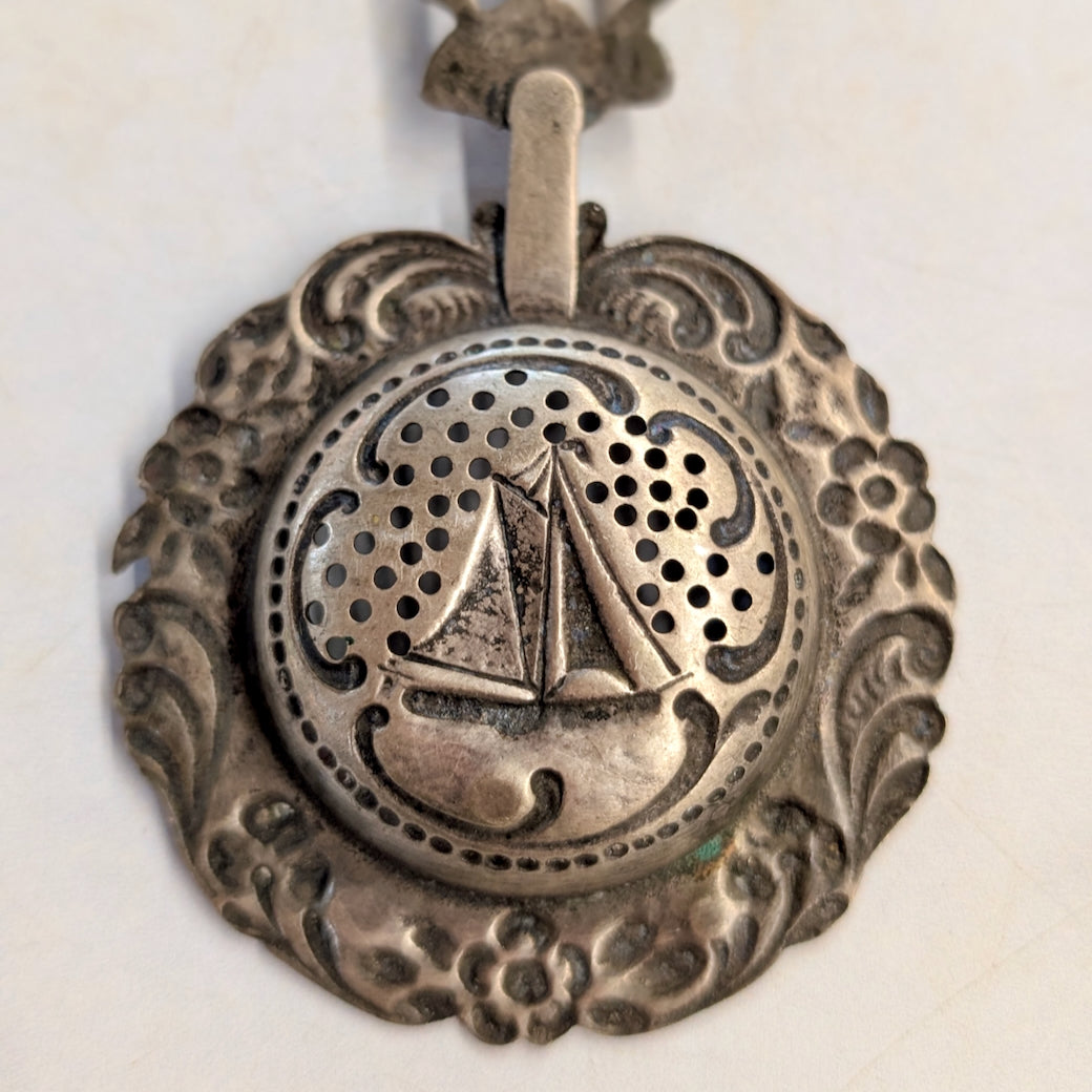 Fancy Vintage Silver Plate Tea Strainer with Maritime Images