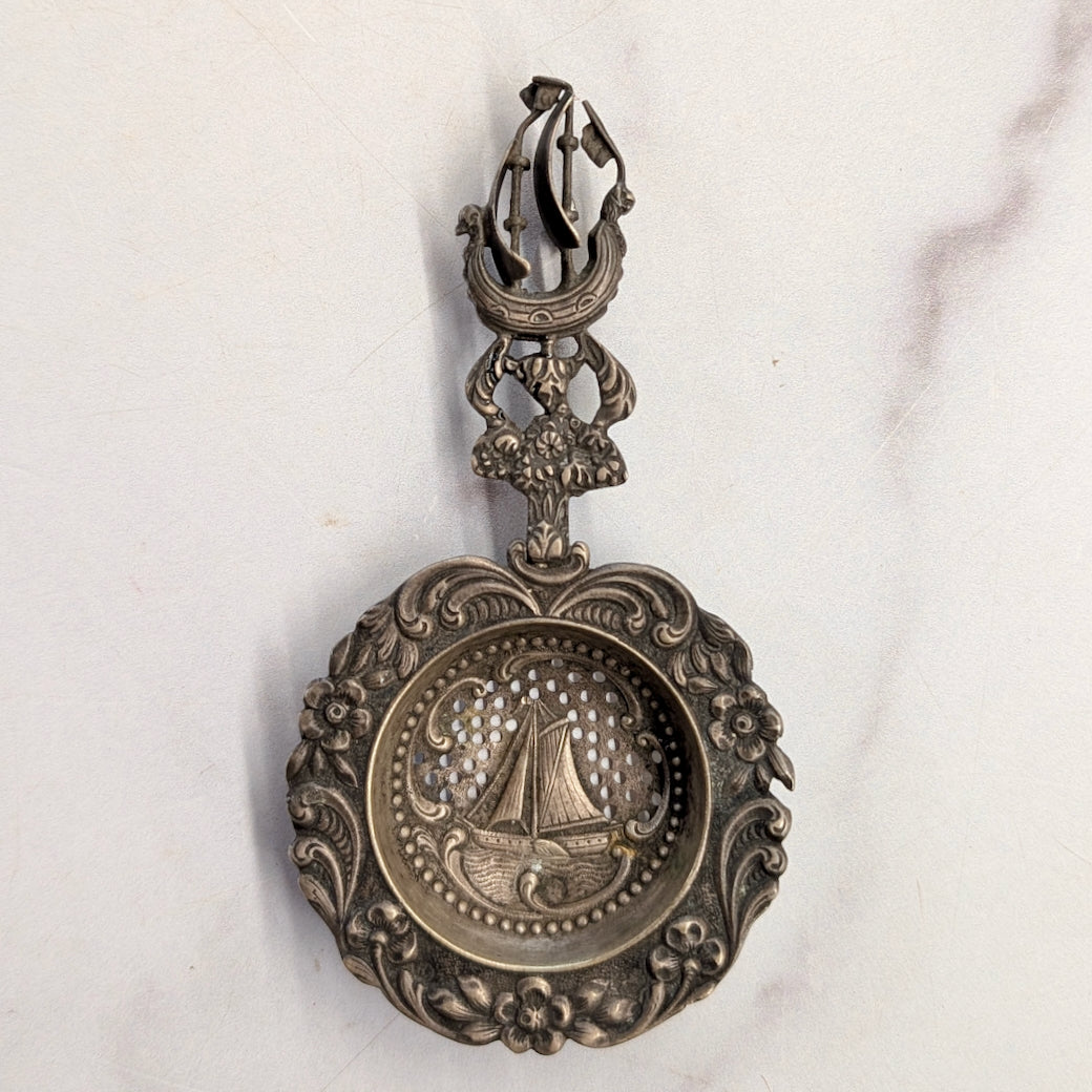 Fancy Vintage Silver Plate Tea Strainer with Maritime Images