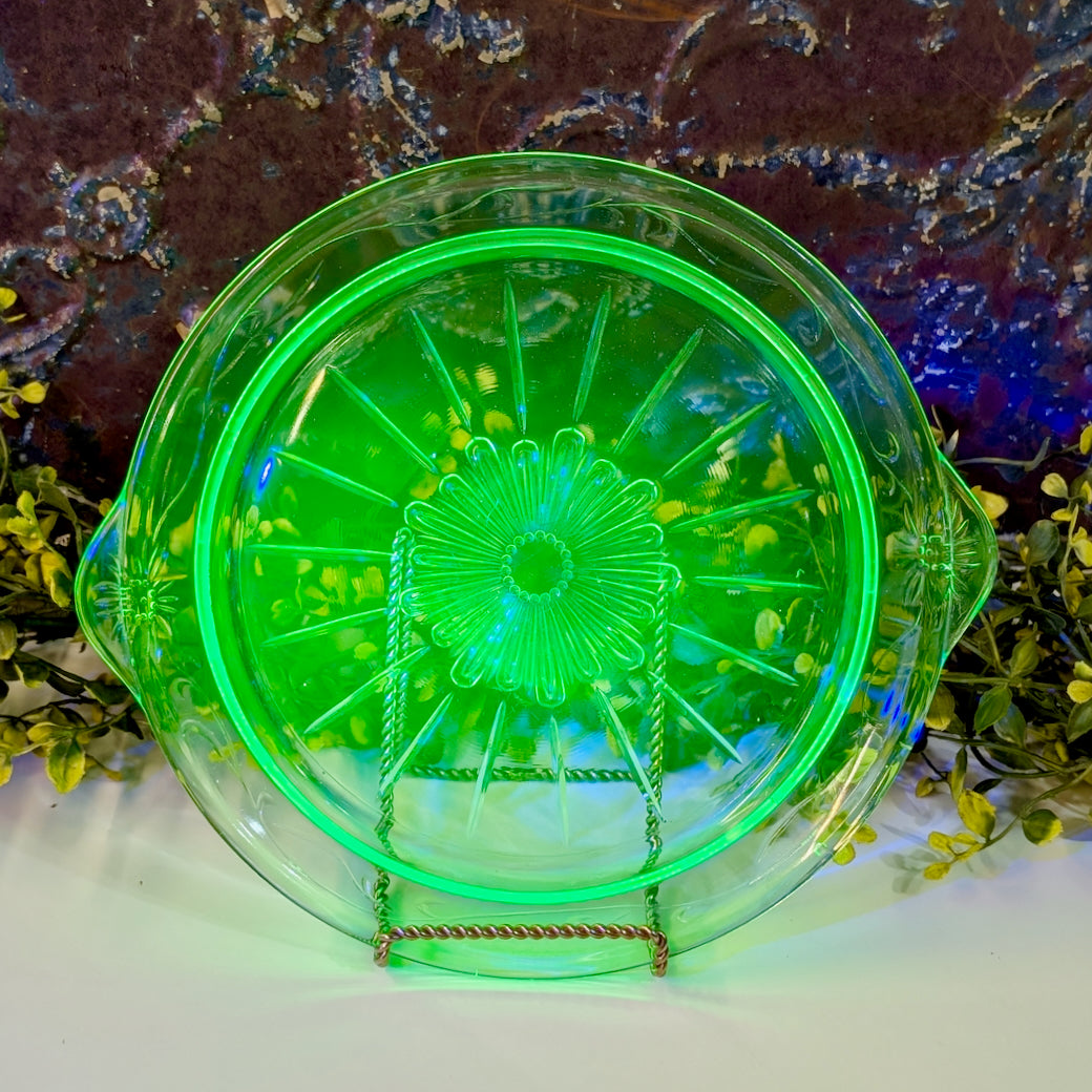 Vintage 1930s Uranium Glass Cake Plate Tendrils Pattern