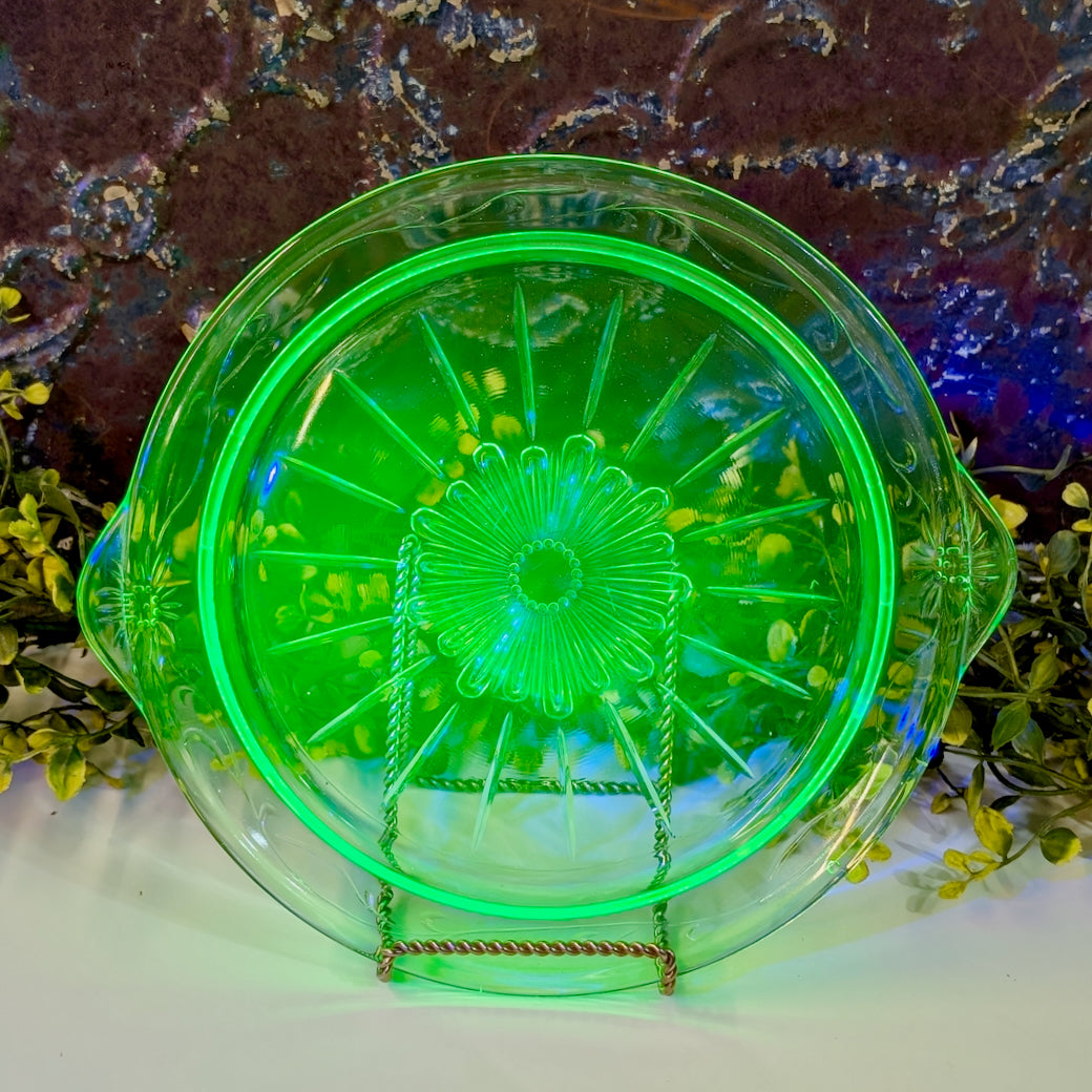 Vintage 1930s Uranium Glass Cake Plate Tendrils Pattern