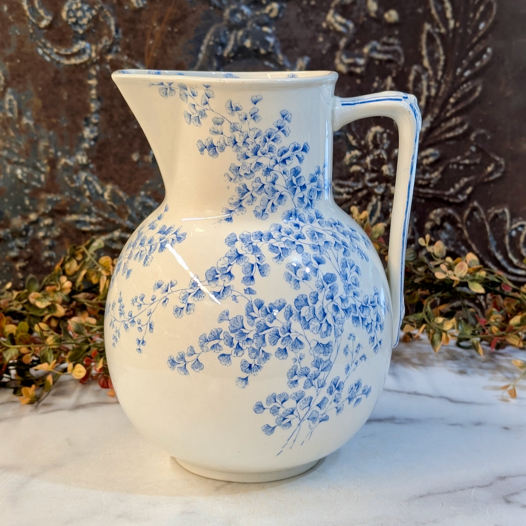 Large Antique English Ridgeways Blue Transfer Pitcher Maiden Hair Fern Pattern