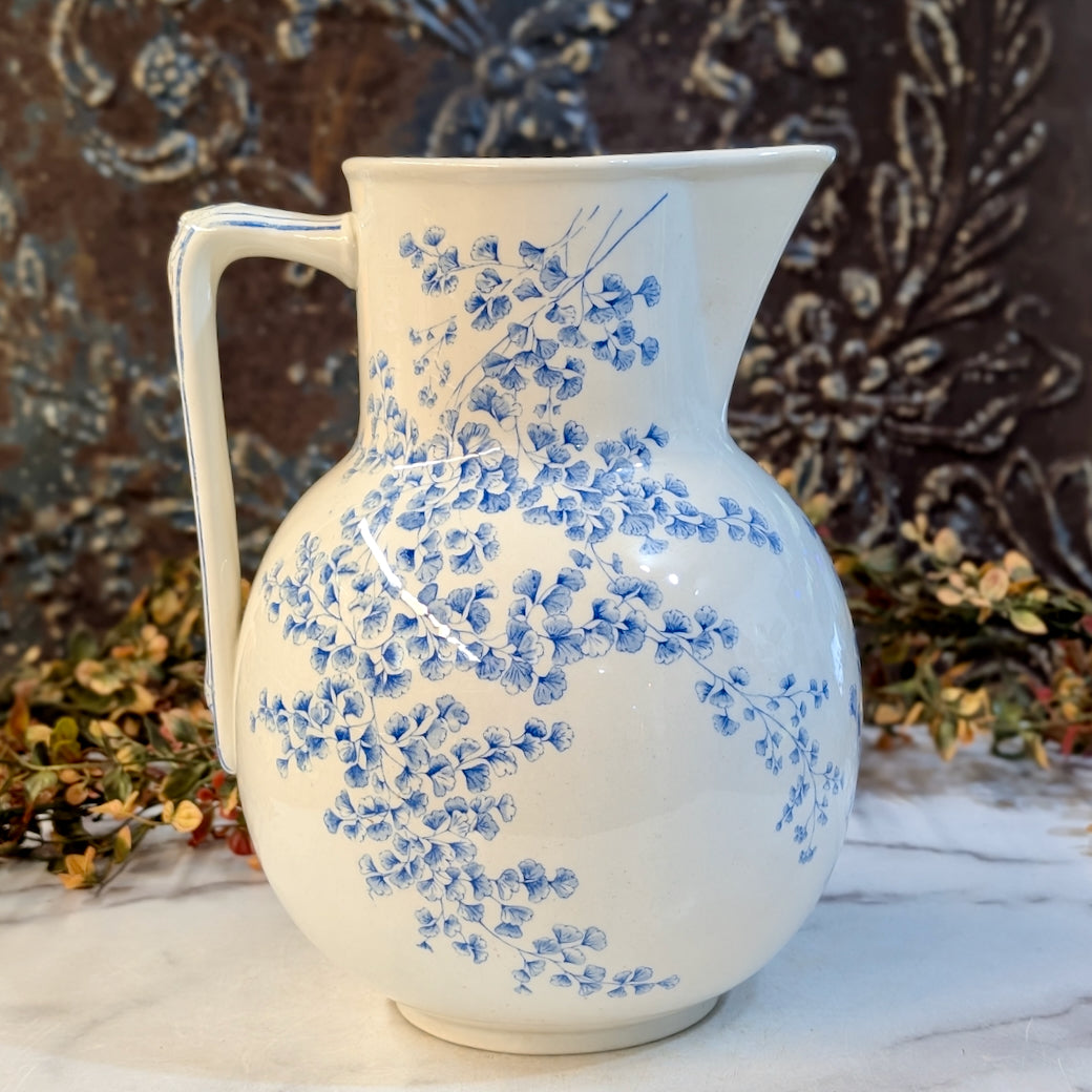 Large Antique English Ridgeways Blue Transfer Pitcher Maiden Hair Fern Pattern