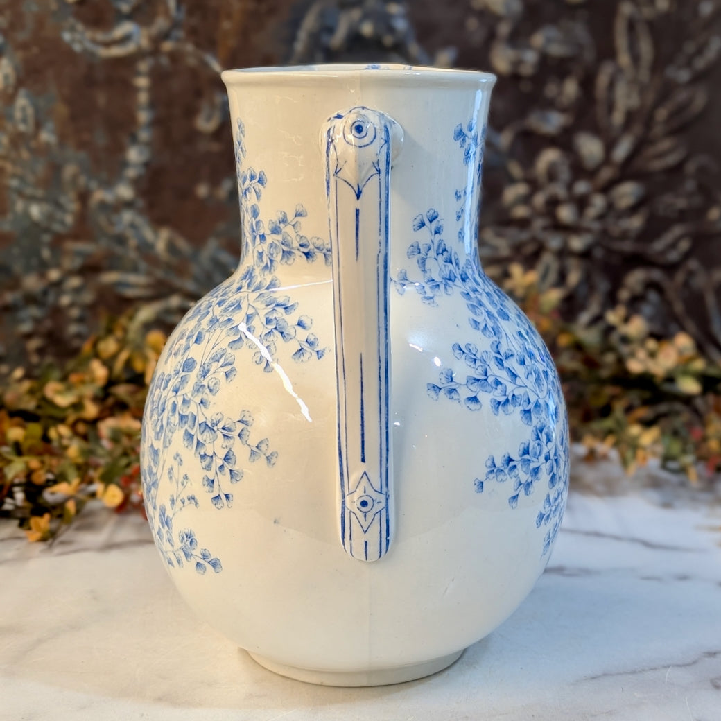 Large Antique English Ridgeways Blue Transfer Pitcher Maiden Hair Fern Pattern
