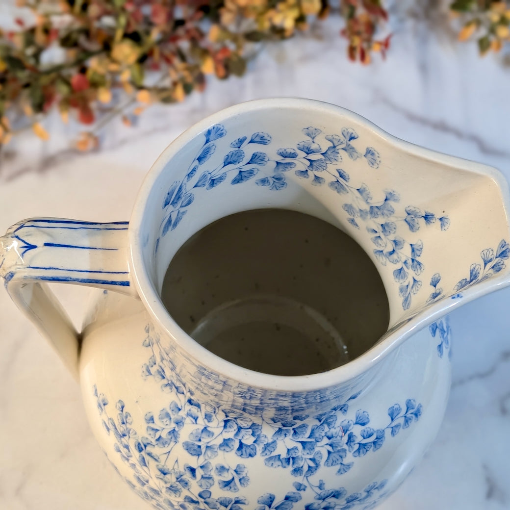 Large Antique English Ridgeways Blue Transfer Pitcher Maiden Hair Fern Pattern