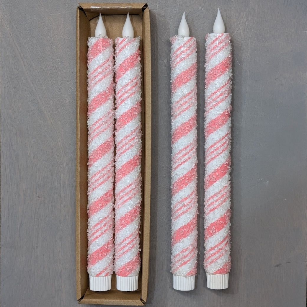 Pair of Flameless Pink Candy Cane Stripe LED Battery Operated Taper Candles