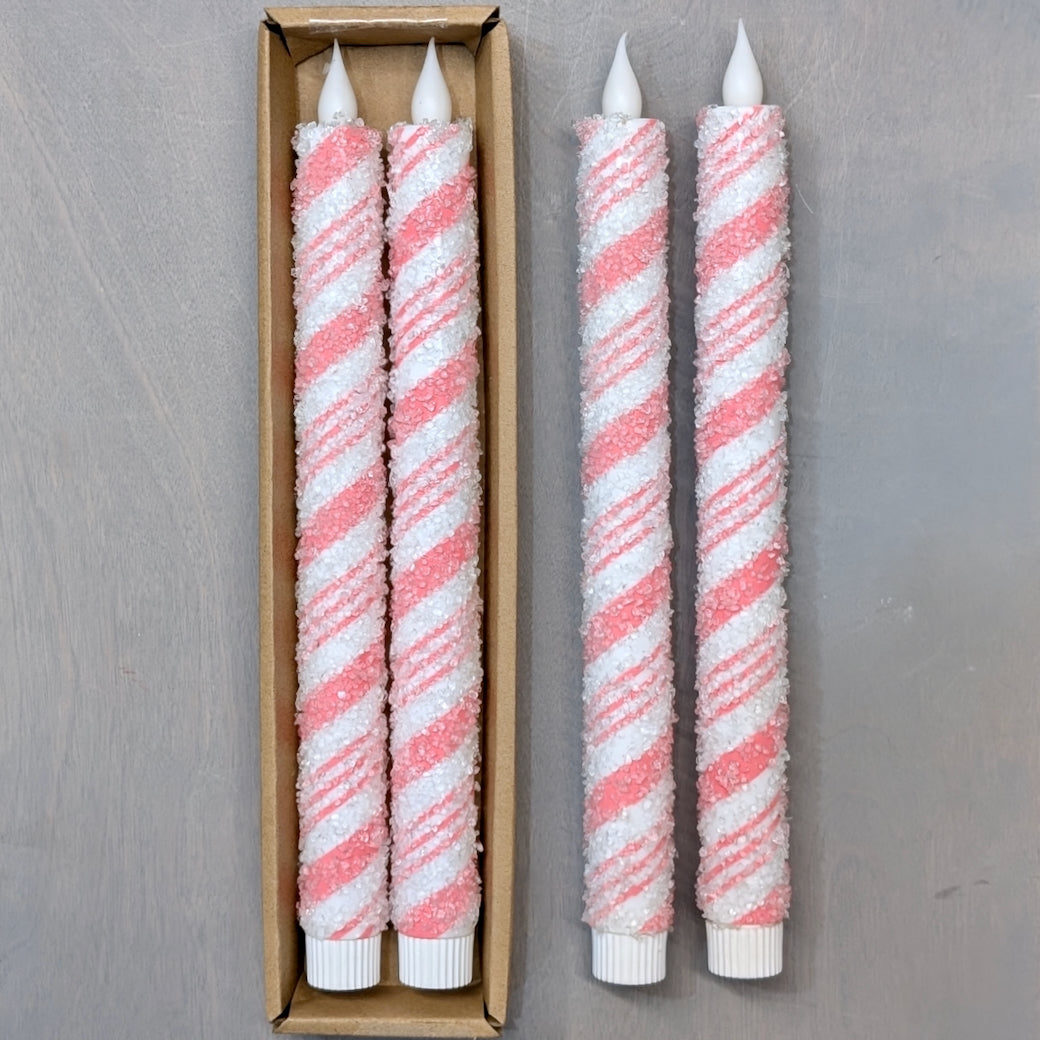 Pair of Flameless Pink Candy Cane Stripe LED Battery Operated Taper Candles