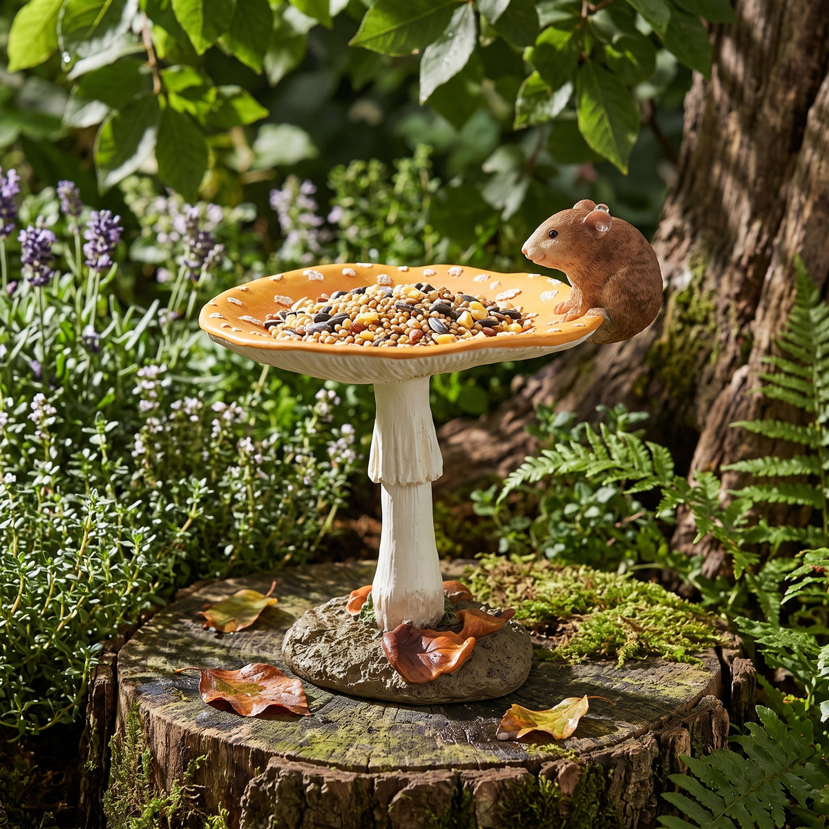 Petite Cast Resin Mushroom-Shaped Bird Feeder with Mouse