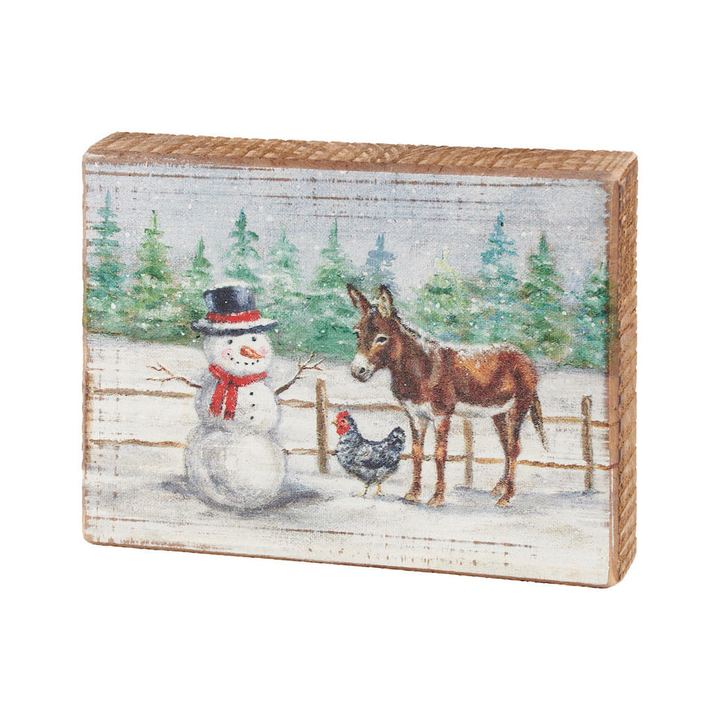 Rustic Wooden Block Sign Snowman with Winter Friends - Donkey & Hen