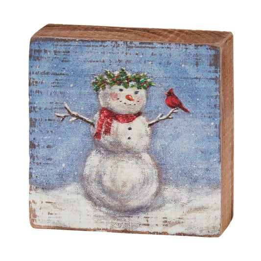 Tiny Rustic Wooden Block Sign Snow Woman with Cardinal