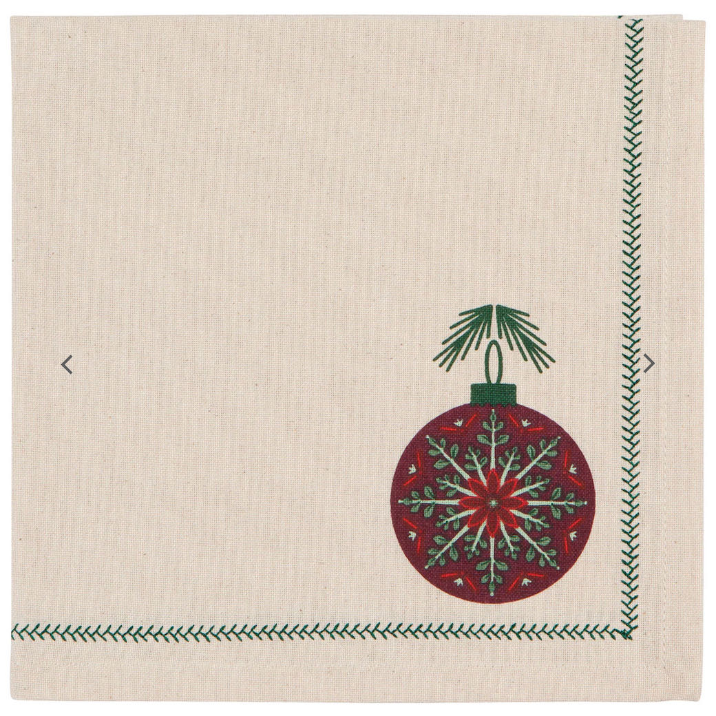 Set of Four Good Tidings Printed Christmas Ornament Cloth Napkins