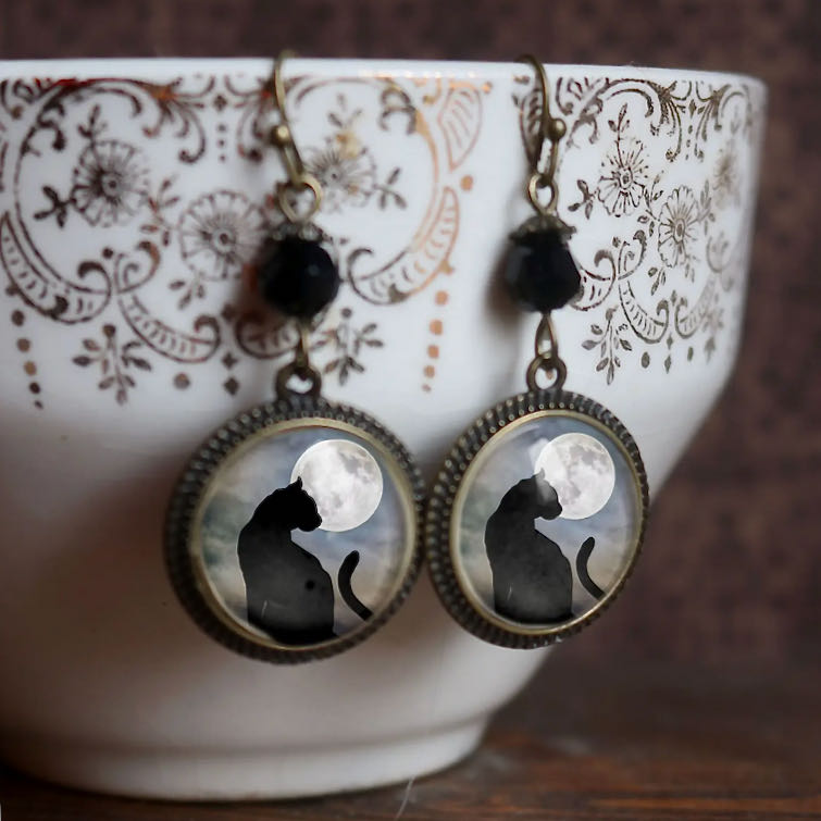 Cottage Core Halloween Black Cat and Silvery Full Moon Earrings