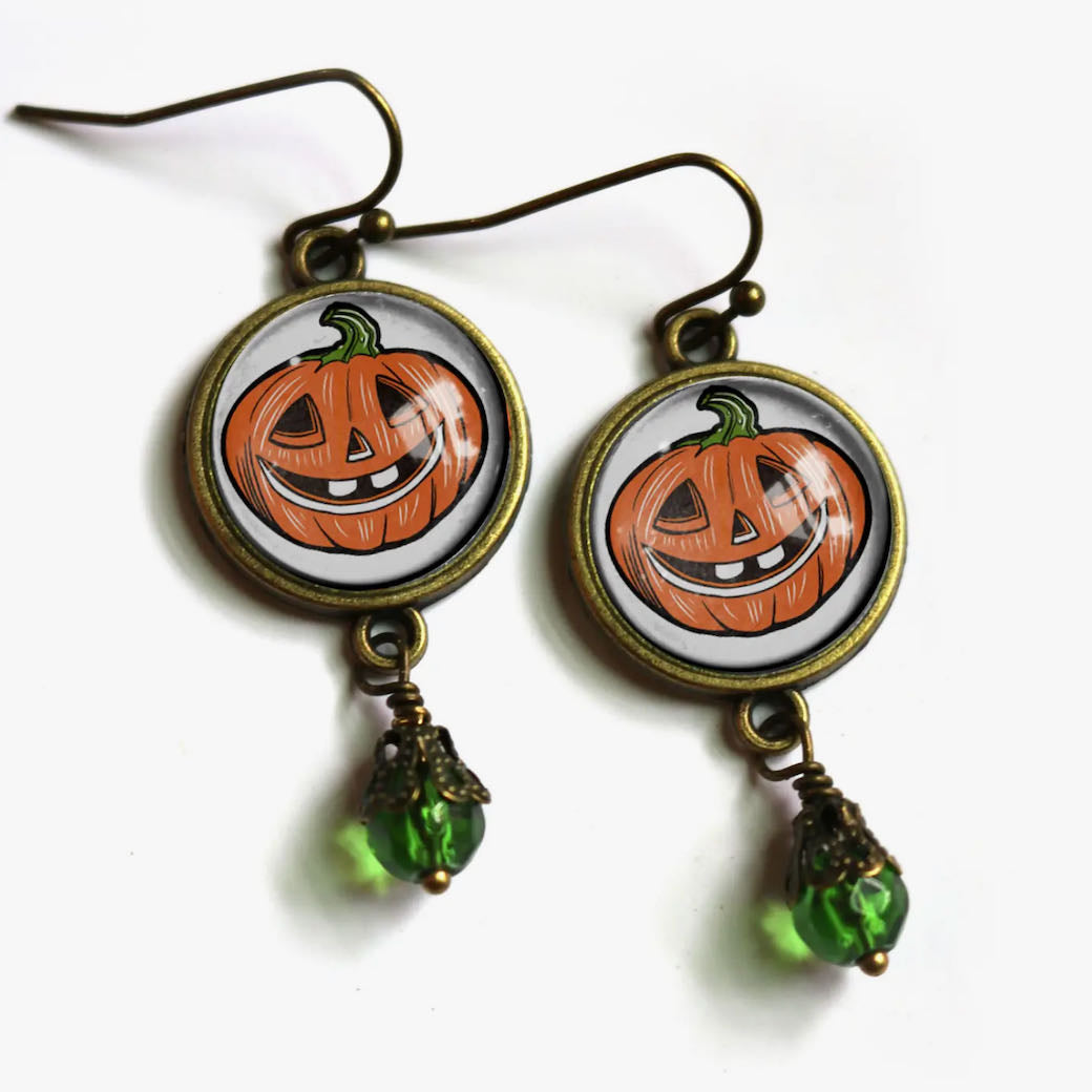Retro Style Halloween Jack O Lantern Pierced Earrings w Green Bead