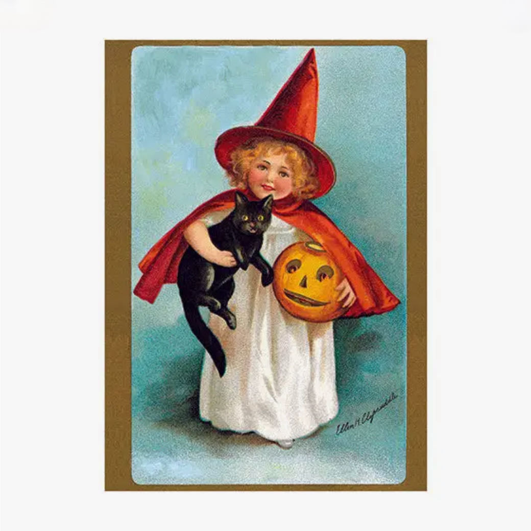 Vintage-Style Little Girl Witch Halloween Greeting Card