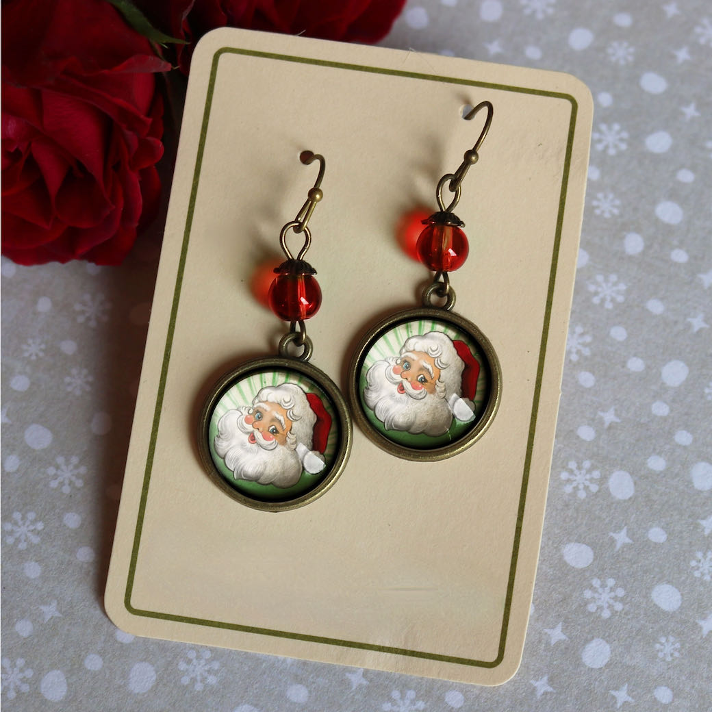 Vintage-Style Santa Earrings with Red Bead for Pierced Ears