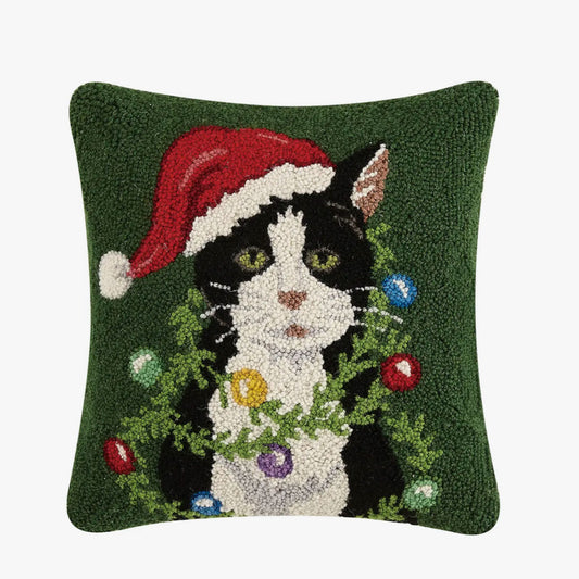 Black & White Holiday Kitty Hooked Rug Pillow