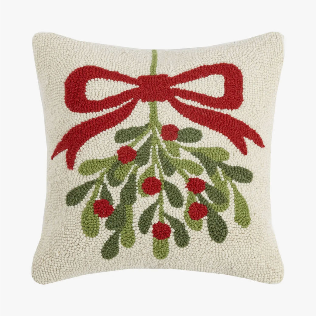 Festive Mistletoe Hooked Rug Christmas Pillow