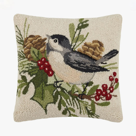 Winter Chickadee Hooked Rug Pillow