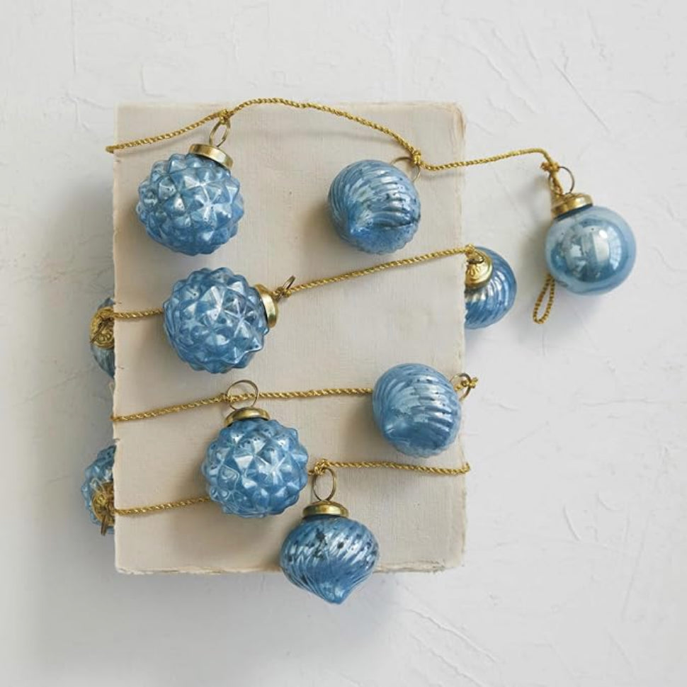 Vintage-Style Embossed Blue Glass Ornament Garland