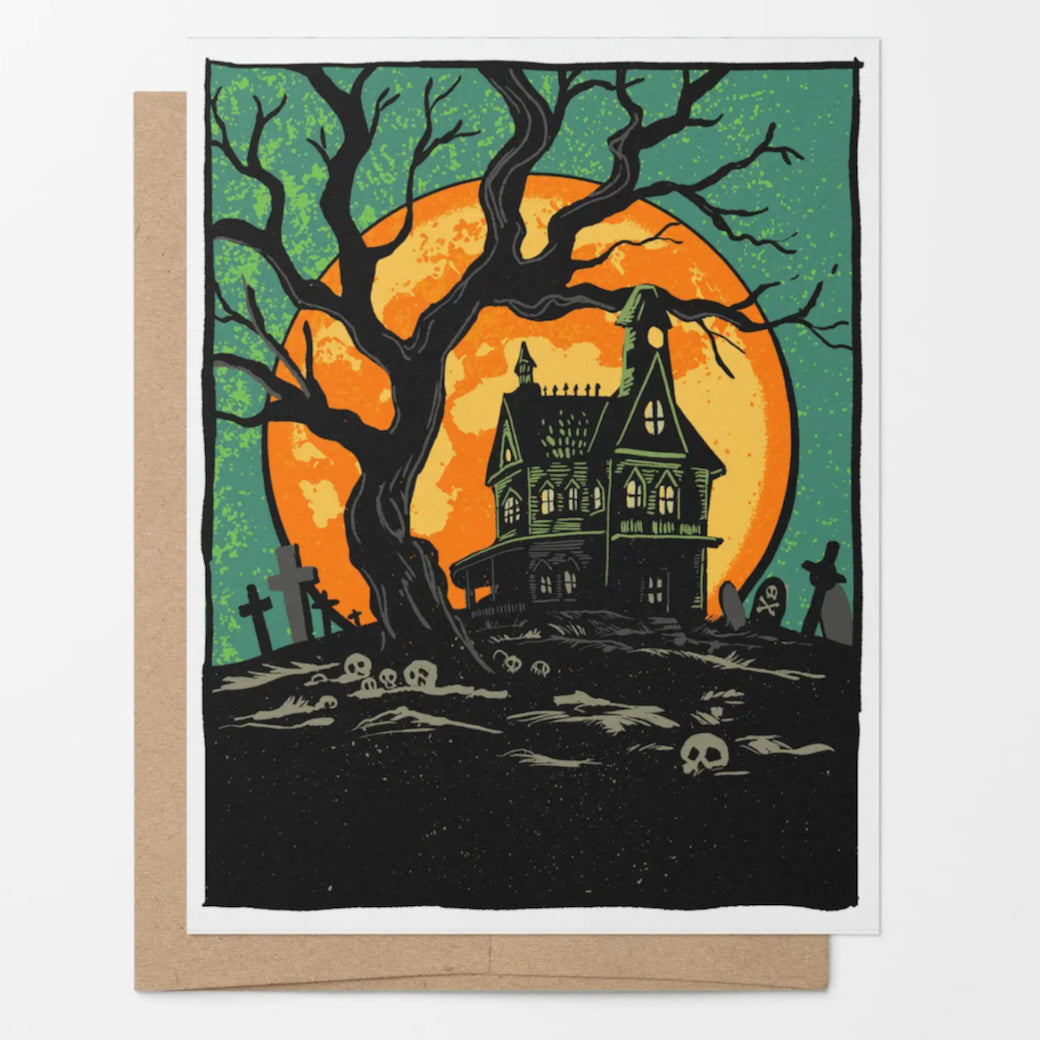 Retro-Style Haunted House Halloween Note Card
