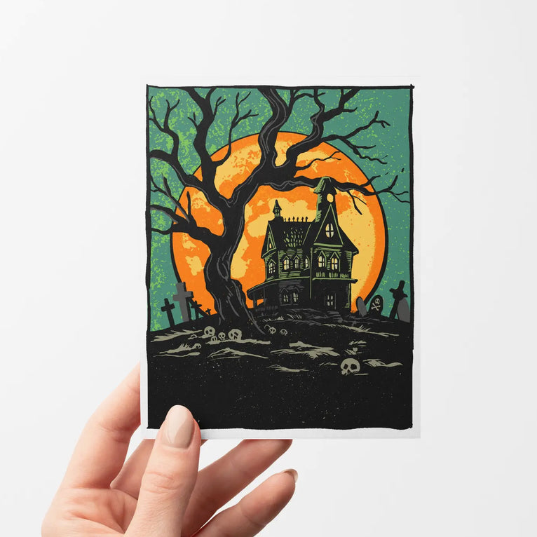 Retro-Style Haunted House Halloween Note Card