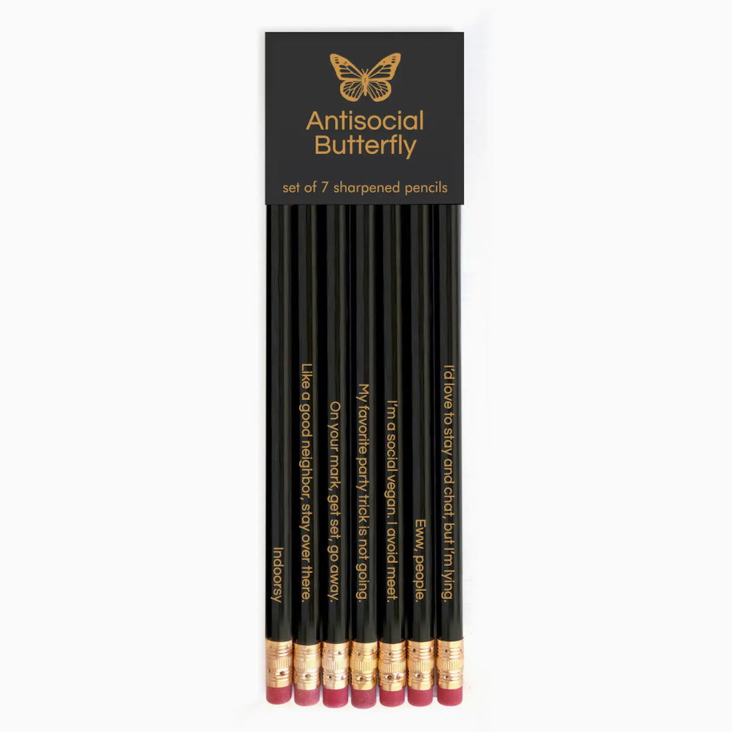 Set of Seven Sharpened #2 Pencils "Antisocial Butterfly"