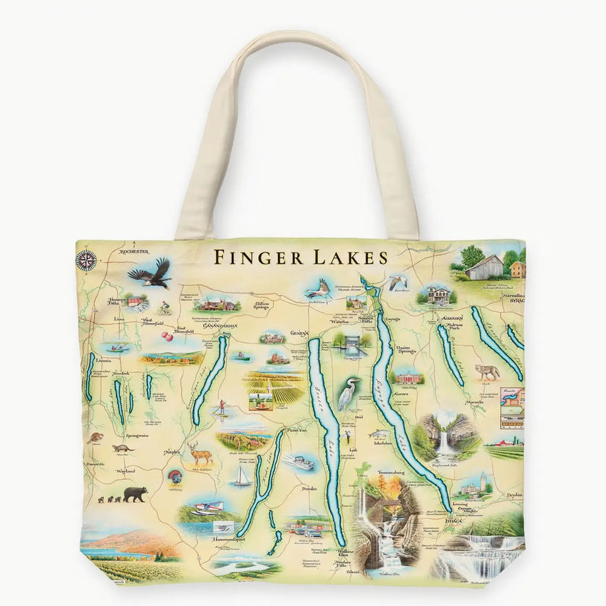 Finger Lakes Map Large Canvas Tote Bag