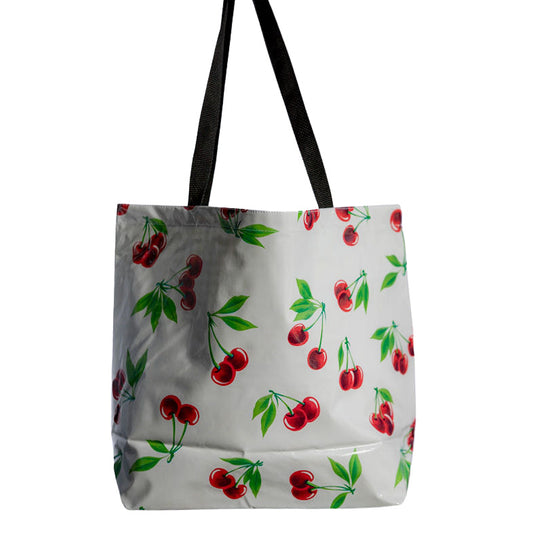Vintage Cherries on White Large Oilcloth Market Tote