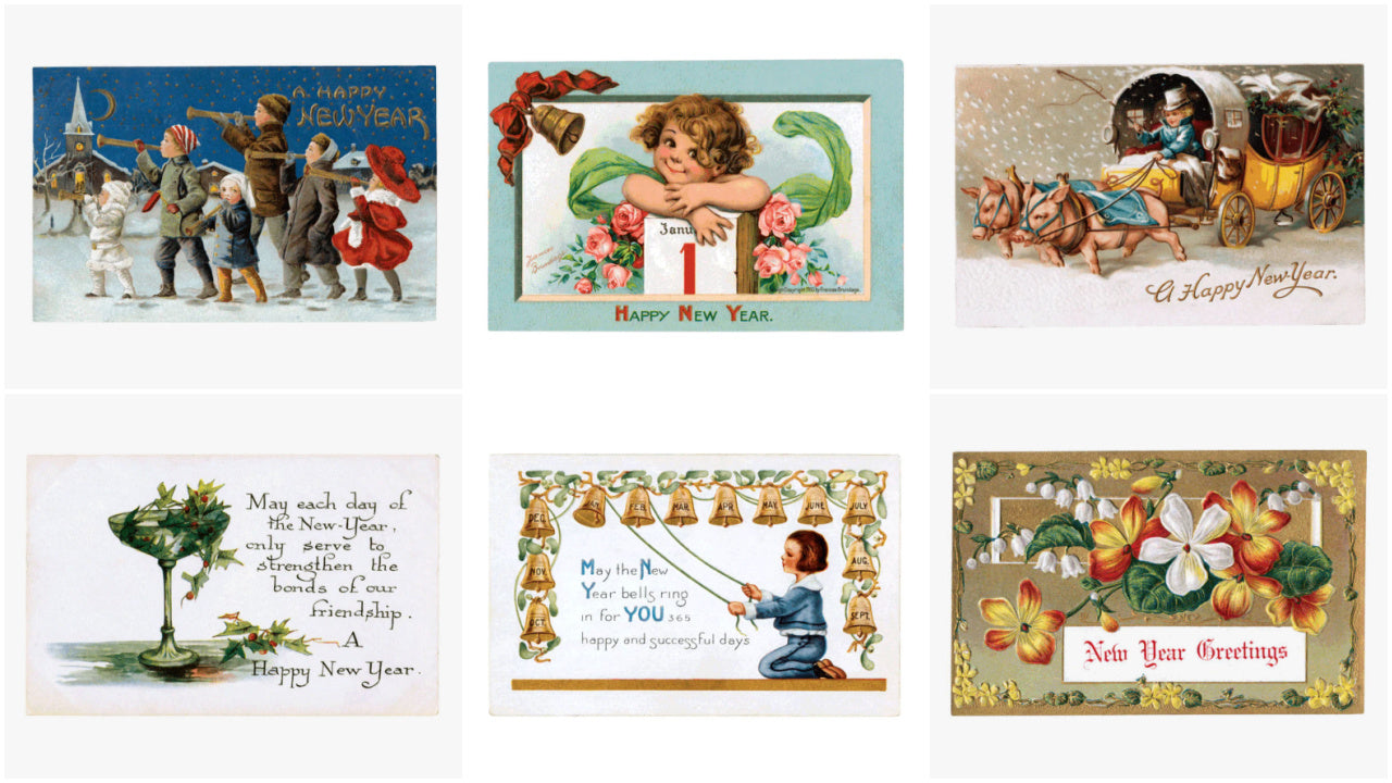 Postcard Book - 30 Oversized Antique Reproduction Happy New Year Postcards