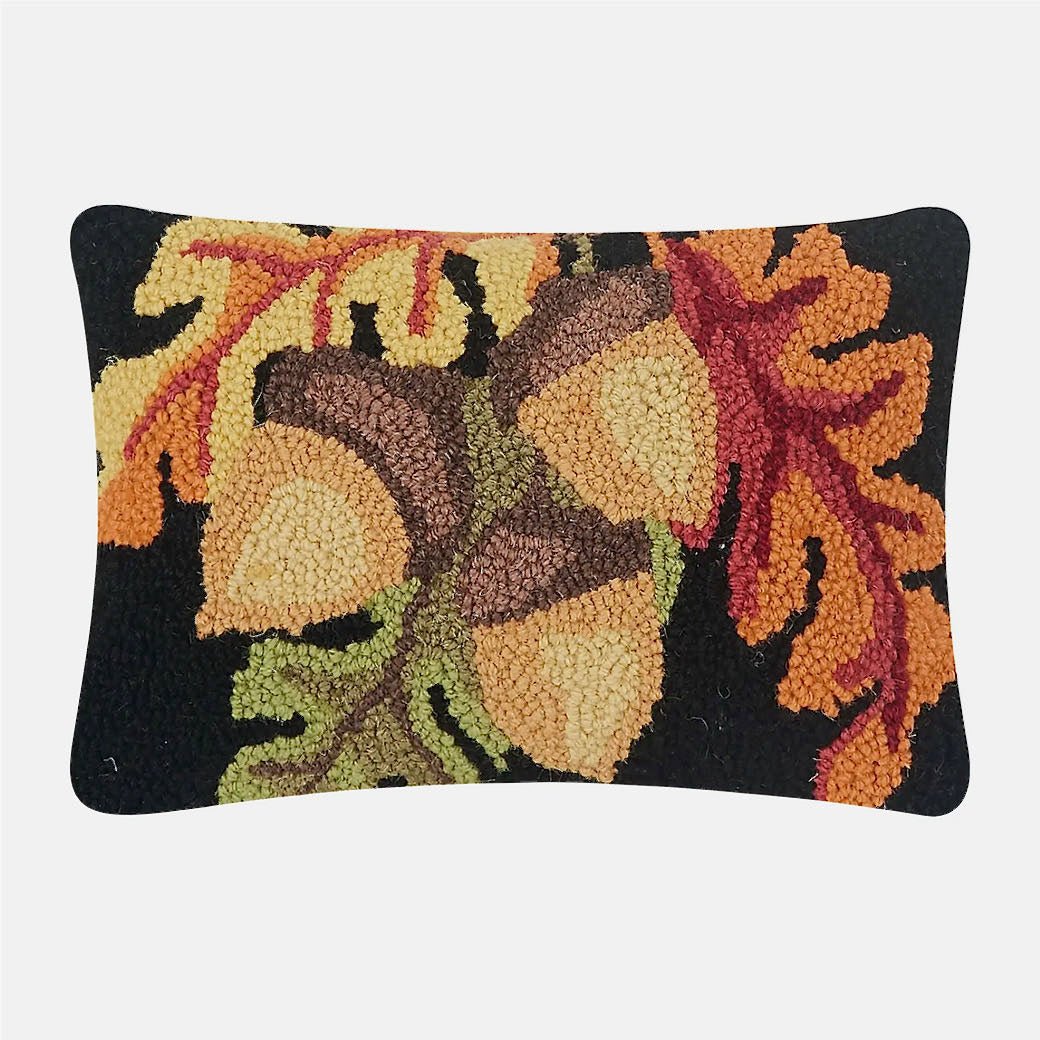 Acorns w Autumn Leaves Hooked Rug Accent Pillow