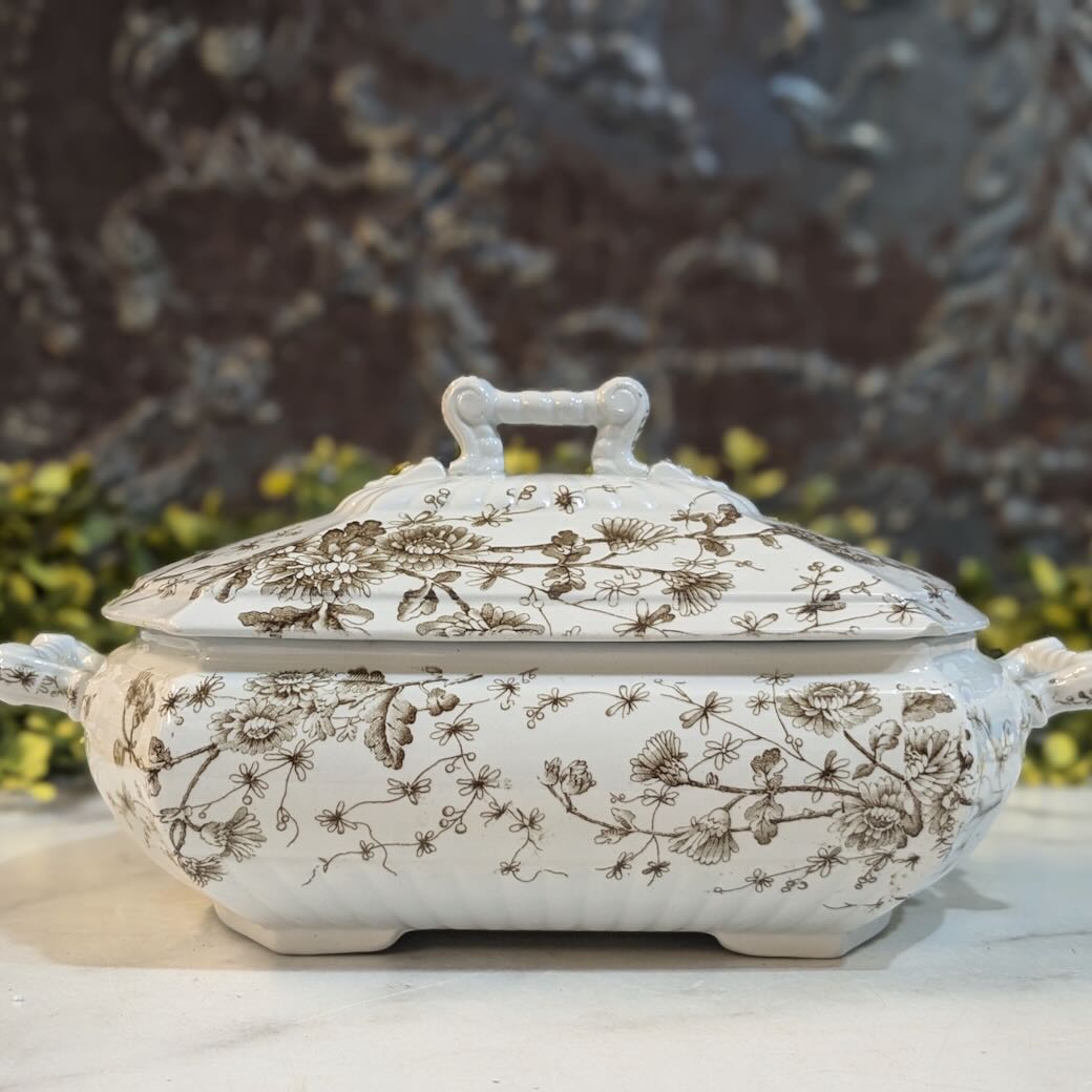 Antique Brown Transferware Covered Serving Dish Chrysanthemums Pattern - Marmalade Mercantile