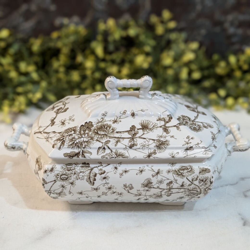 Antique Brown Transferware Covered Serving Dish Chrysanthemums Pattern - Marmalade Mercantile