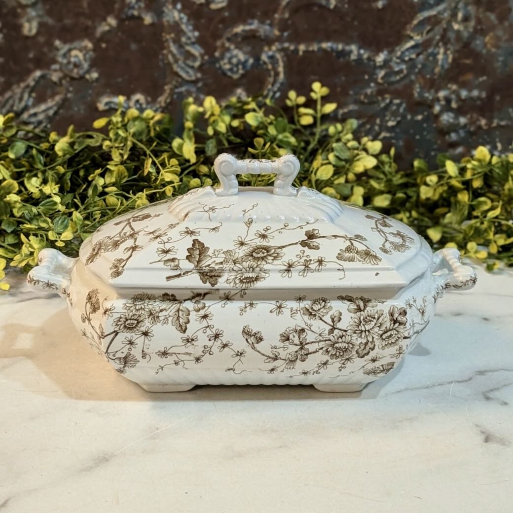 Antique Brown Transferware Covered Serving Dish Chrysanthemums Pattern - Marmalade Mercantile