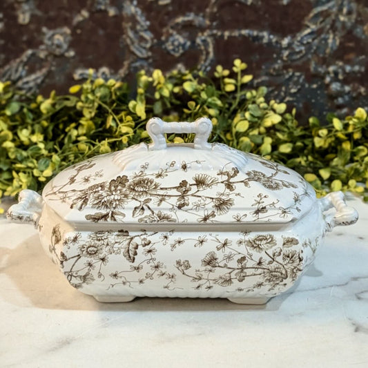 Antique Brown Transferware Covered Serving Dish Chrysanthemums Pattern - Marmalade Mercantile