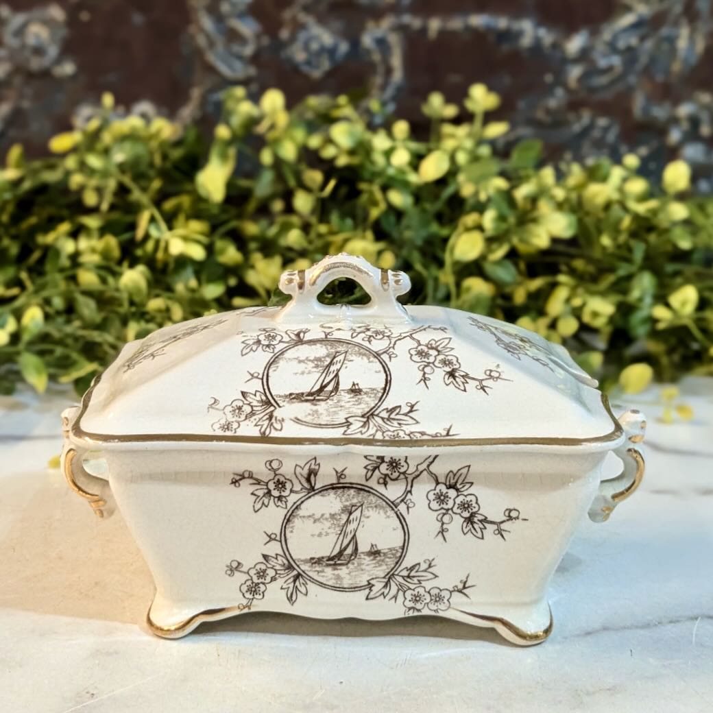 Antique Brown Transferware Sauce Tureen - Marmalade Mercantile