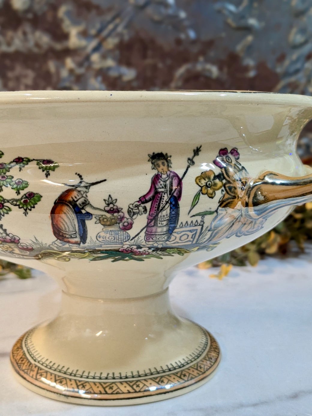 Antique English Chinoisserie Transferware Footed Compote - Marmalade Mercantile