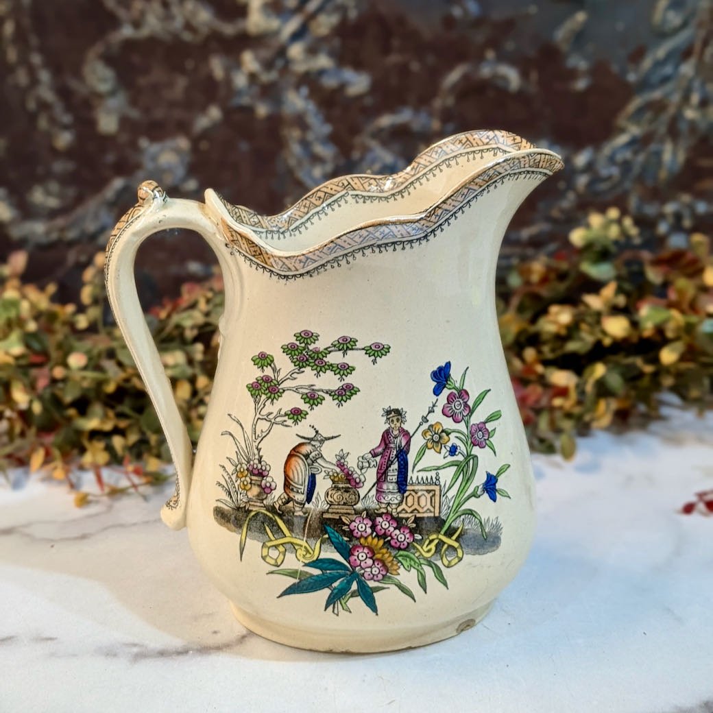 Antique English Edge Malkin Transferware Water Pitcher “Chang” Pattern - Marmalade Mercantile