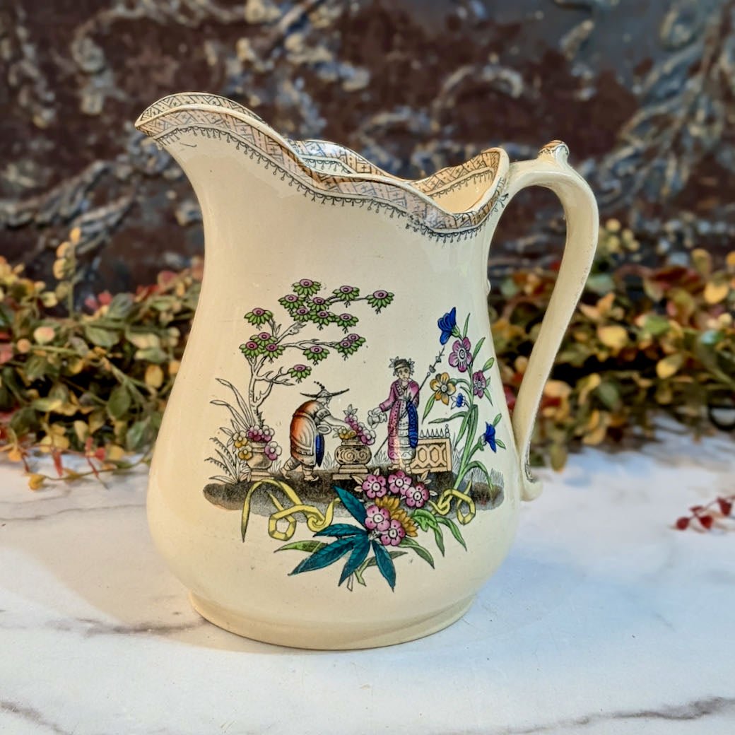 Antique English Edge Malkin Transferware Water Pitcher “Chang” Pattern - Marmalade Mercantile