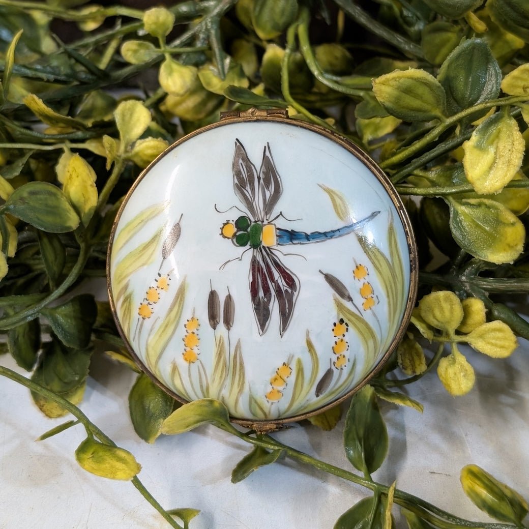 Antique Limoges Hand - Painted Porcelain Hinged Trinket Box w Dragonfly - Marmalade Mercantile