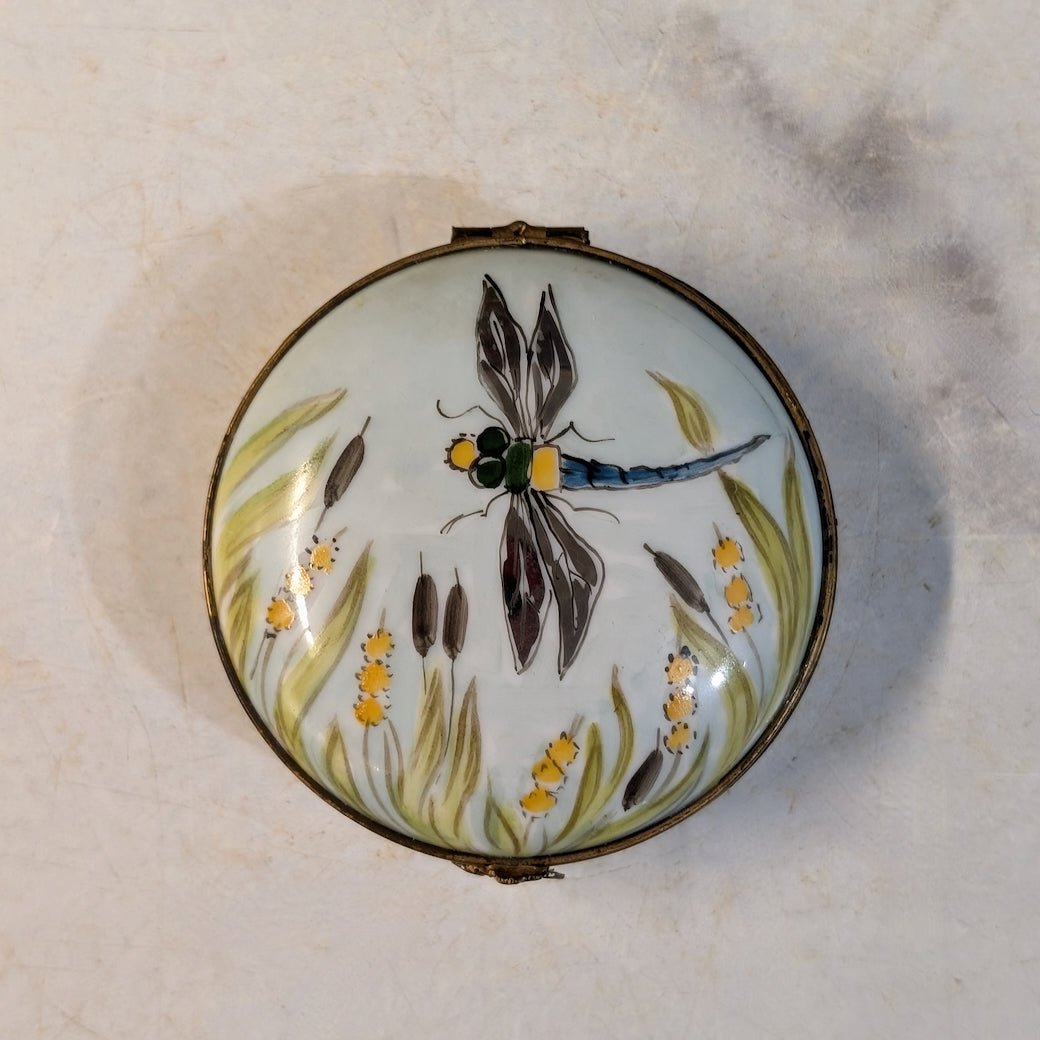 Antique Limoges Hand - Painted Porcelain Hinged Trinket Box w Dragonfly - Marmalade Mercantile