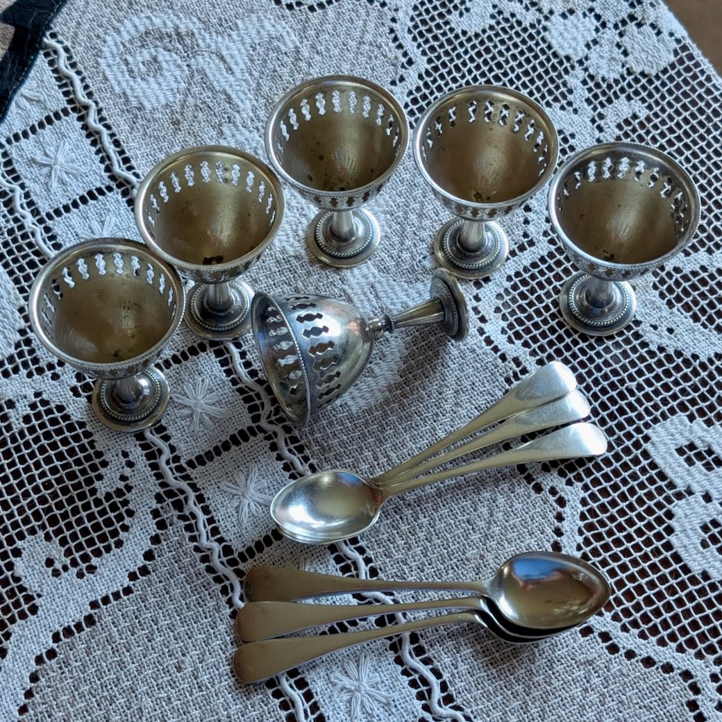 Antique Silver Plated Egg Cruet Set w Spoons - Marmalade Mercantile