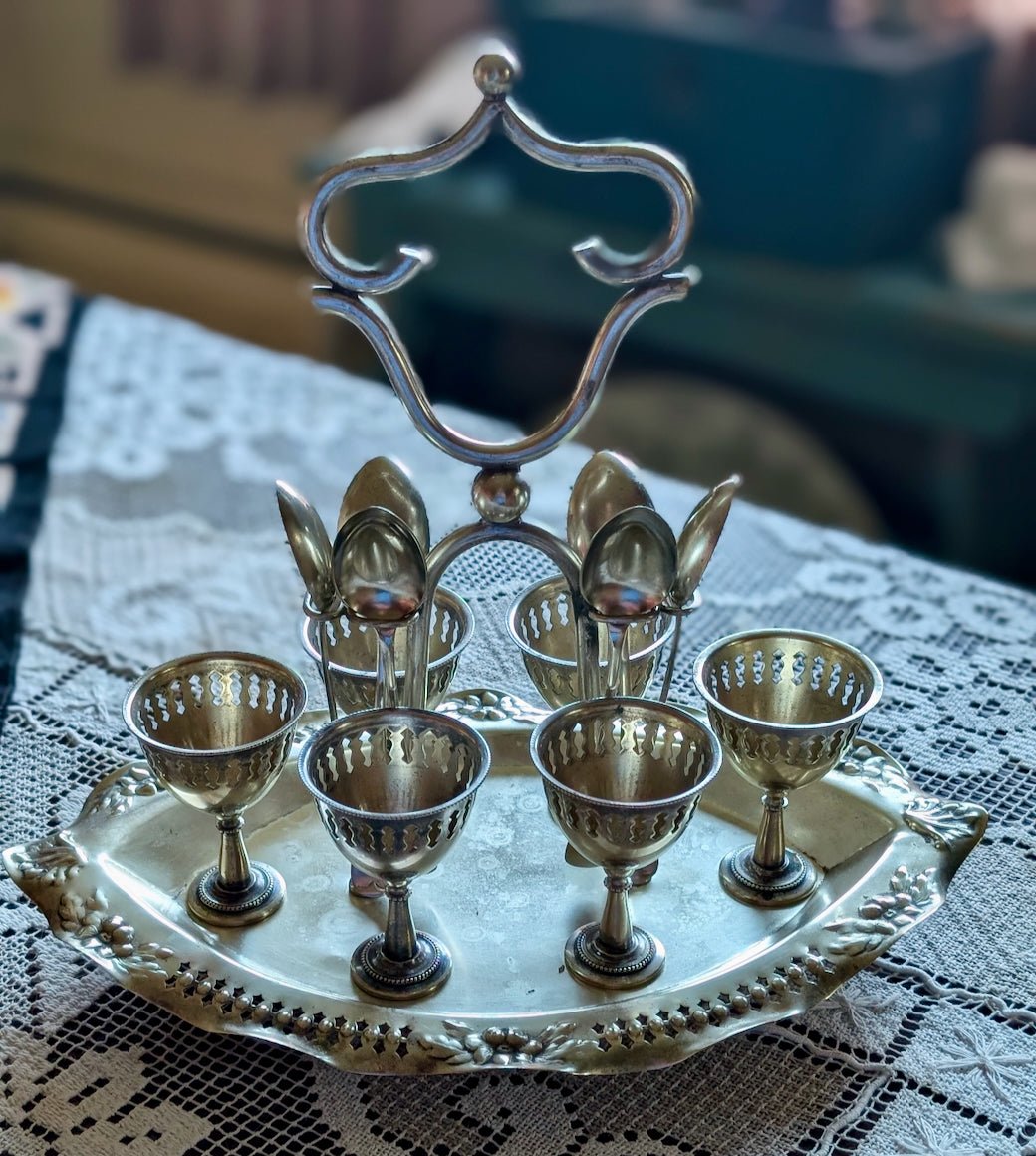 Antique Silver Plated Egg Cruet Set w Spoons - Marmalade Mercantile