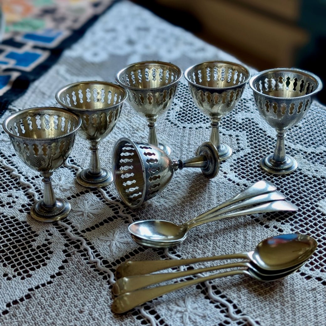 Antique Silver Plated Egg Cruet Set w Spoons - Marmalade Mercantile