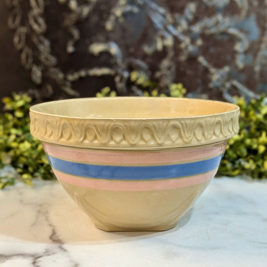 Antique Stoneware McCoy Mixing Bowl with Pink &amp; Blue Stripes - Marmalade Mercantile