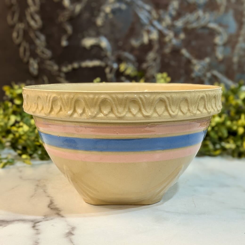 Antique Stoneware McCoy Mixing Bowl with Pink &amp; Blue Stripes - Marmalade Mercantile