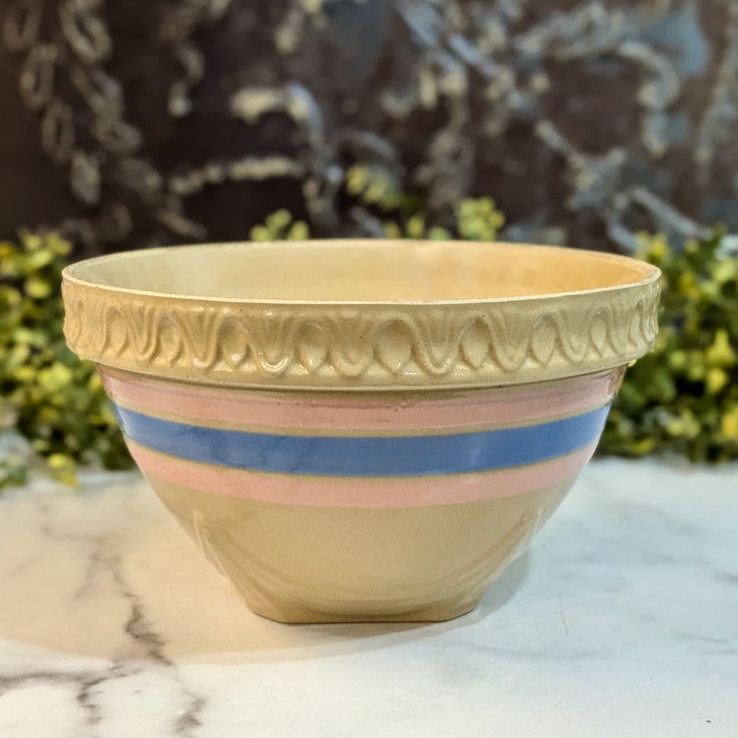 Antique Stoneware McCoy Mixing Bowl with Pink &amp; Blue Stripes - Marmalade Mercantile