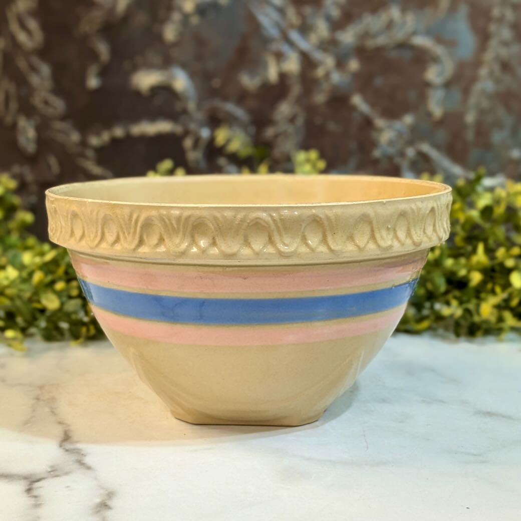 Antique Stoneware McCoy Mixing Bowl with Pink &amp; Blue Stripes - Marmalade Mercantile