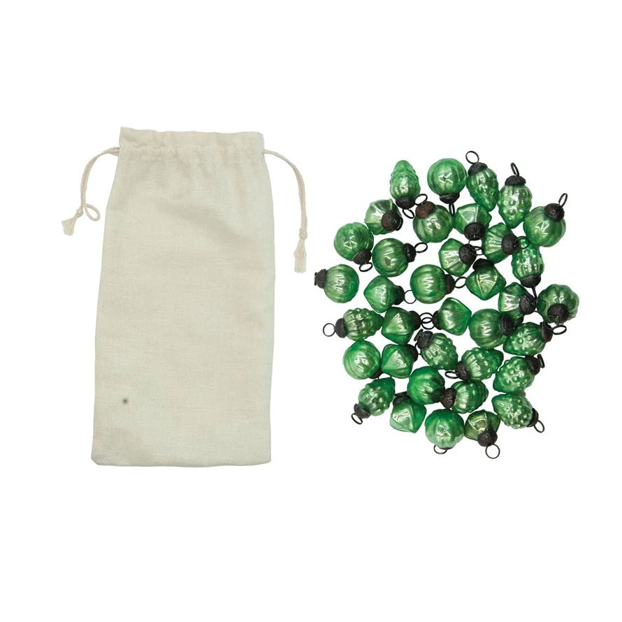 Bagged Set of 36 Mini 1" Embossed Vintage - Style Glass Ornaments GREEN - Marmalade Mercantile