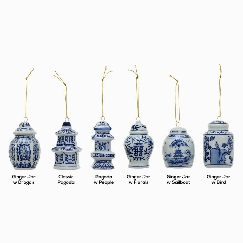 Blue & White Stoneware Ginger Jar Ornaments CHOICE of Six Styles - Marmalade Mercantile